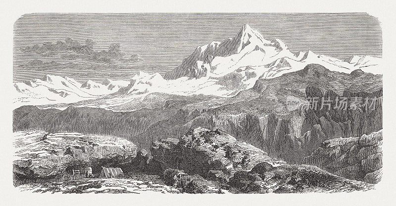 珠穆朗玛峰，8848米(22838英尺)，尼泊尔/中国，木刻，1893年